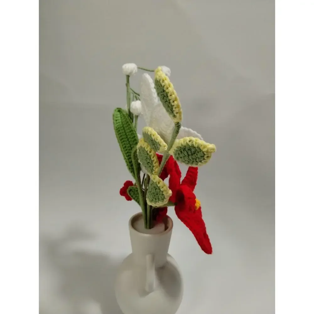 Crochet Flower Bouquet in Vase - Red White - Green Leaves - Baby's Breath